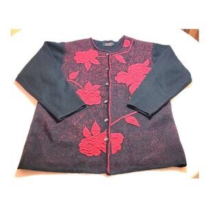 Womens Button Front Knit Sweater Cardigan M Floral Black Red Cottage Boho Granny
